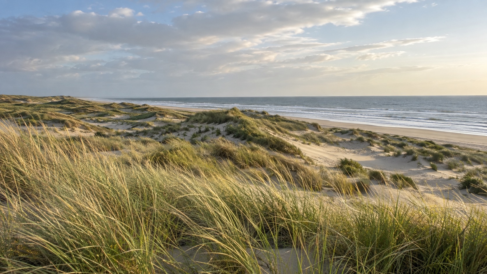 Rolling dune landscape on Texel island with marram grass in the foreground
