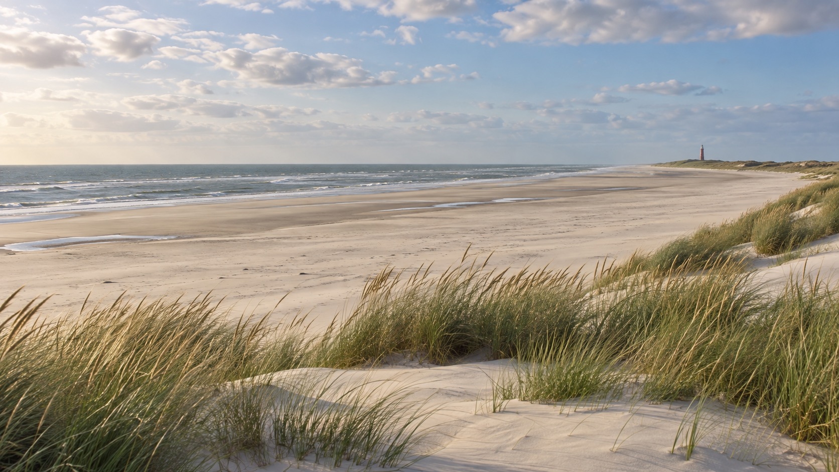 Long sandy beach on Texel island with dune grass in the foreground