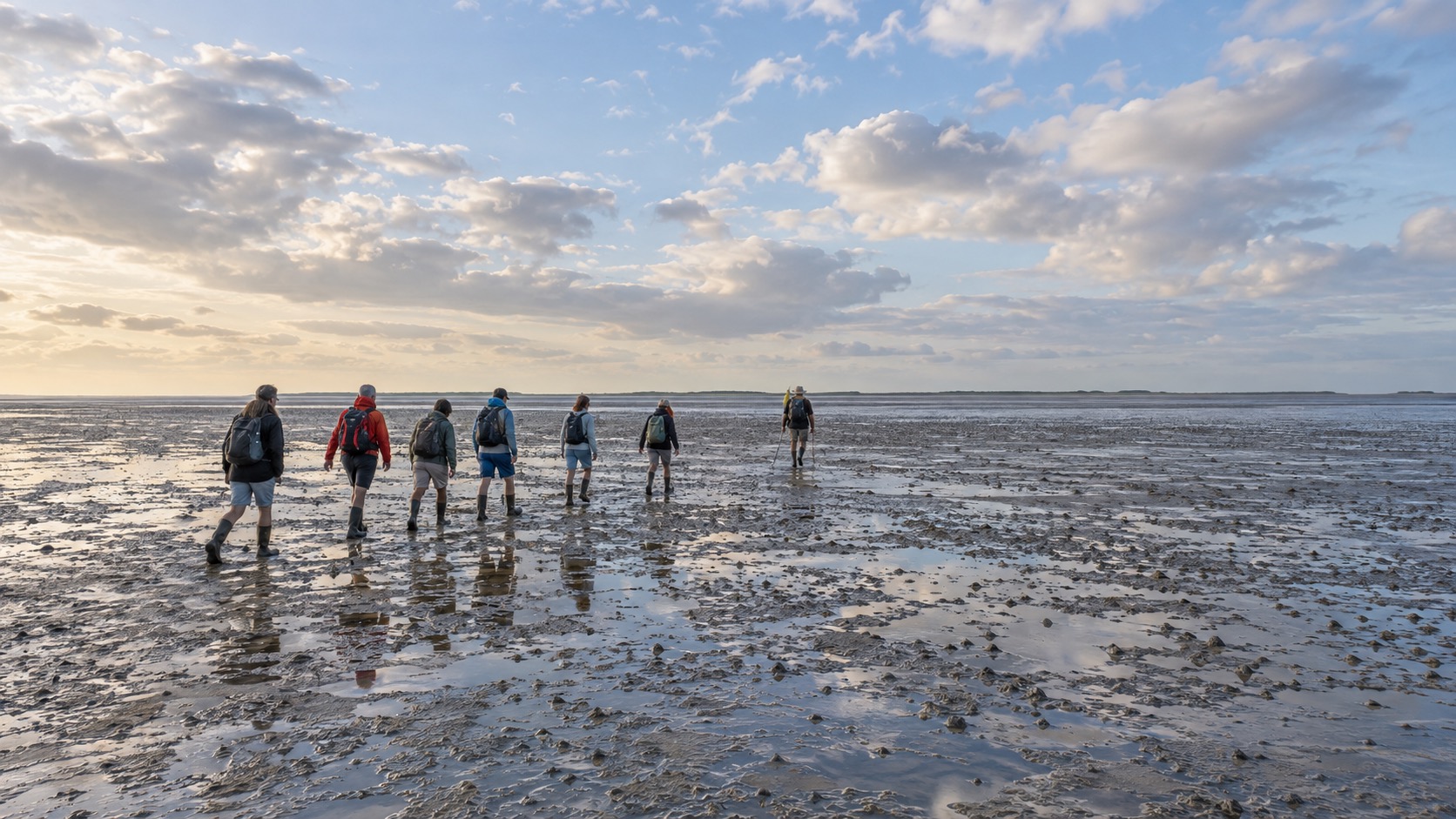 Small group of wadlopen walkers following a guide across the exposed Wadden Sea mudflat, seen from a distance